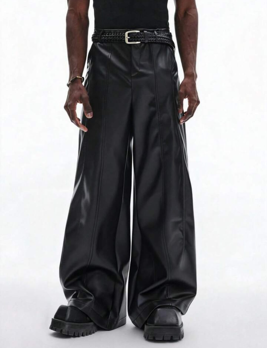 Men's Black Faux Leather Wide-Leg Pants – High-Waist Statement Trousers